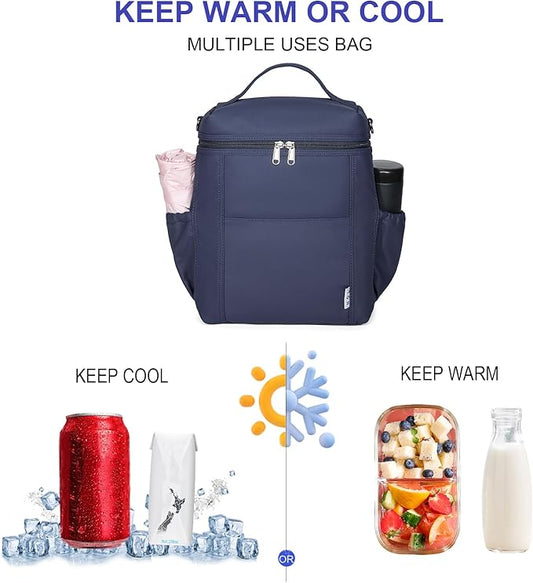 NOL Natural Organic Lifestyle Insulated Lunch Bags for Women Cooler Bag Lightweight Nylon Waterproof Lunch Box For Work (Navy blue, Large)