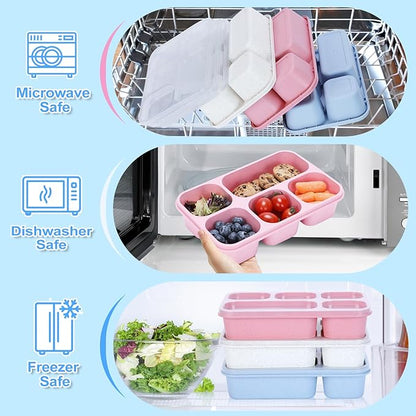 Rinwoc Bento Box Adult [Portion Size], 3 Pack Snack Containers with 5 Compartments for Meal Prep & On-the-Go [Work, Travel], Lunchable Container Reusable and BPA-Free