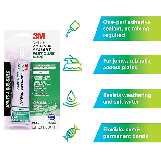 3M Marine Adhesive Sealant 4200FC, Fast Cure, White, 3 oz Tube, 1 Each, Semi-Permanent Flexible Adhesive Sealant for Boats and Marine Applications