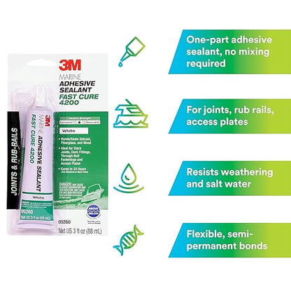 3M Marine Adhesive Sealant 4200FC, Fast Cure, White, 3 oz Tube, 1 Each, Semi-Permanent Flexible Adhesive Sealant for Boats and Marine Applications