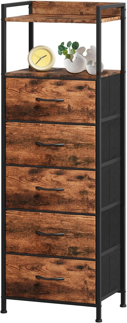 Somdot Tall Night Stand for Bedroom,Tall 5 Drawers Dresser, Vertical Storage Tower Unit, Nightstand Furniture with Fabric Drawer Organizer in Bedside Kids Room, Laundry Entryway, Wood Grain Print