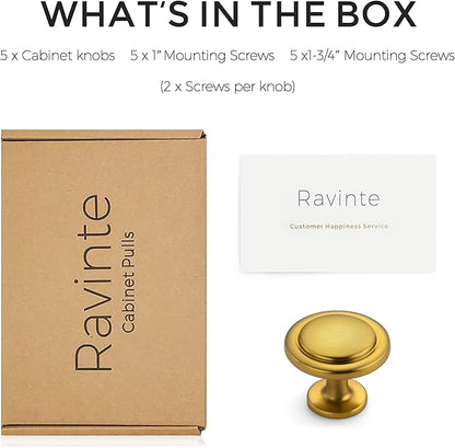 Ravinte 5 Pack 1-1/4 Inch Kitchen Cabinet Knobs - Brushed Brass Zinc Drawer Pulls and Door Handles for Dresser