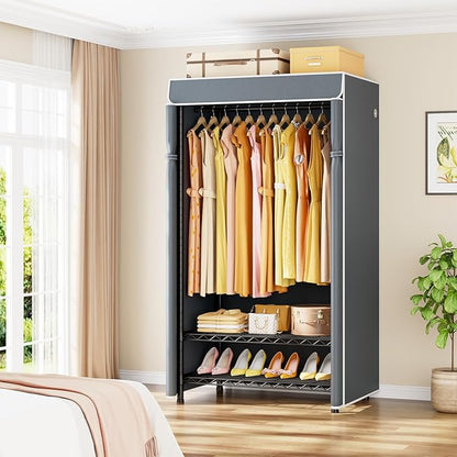 H5C Clothes Rack with Cover, Portable Closet for Hanging Clothes, Covered Clothing Racks Heavy Duty, Freestanding Garment Racks with Shelves, Max Load 360LBS Black Closet Rack with Gray Cover