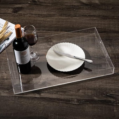 Sooyee Clear Acrylic Tray Decorative,16" x 12" Plastic Serving Trays for Coffee Table,Kitchen,Bathroom,Food,Vanity Countertop,Large Ottoman Tray with Handles
