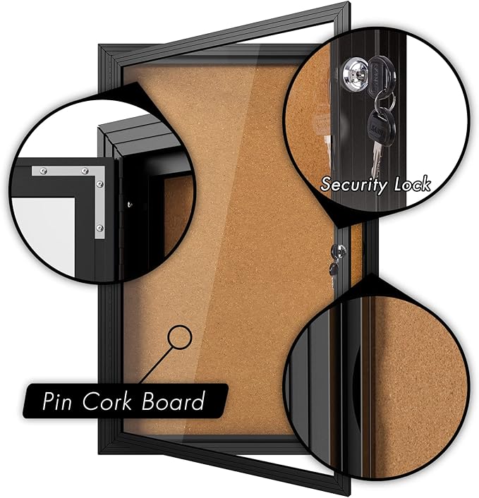 INNOVART Enclosed Bulletin Board 36”x24”, Lockable Cork Noticeboard with Black Aluminum Frame, Outdoor Enclosed Bulletin Board Weatherproof, Wall Display Case with Swing-Open Door Information Cabinet