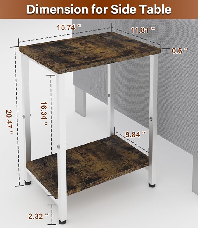 2 Tier Side Table, Heavy Duty End Table with Shelves, Narrow Nightstand Table for Small Spaces, Record Player Table for Bedroom, Living Room, Sofa Couch - Rustic Brown & White