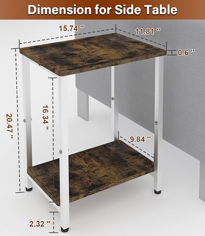 2 Tier Side Table, Heavy Duty End Table with Shelves, Narrow Nightstand Table for Small Spaces, Record Player Table for Bedroom, Living Room, Sofa Couch - Rustic Brown & White