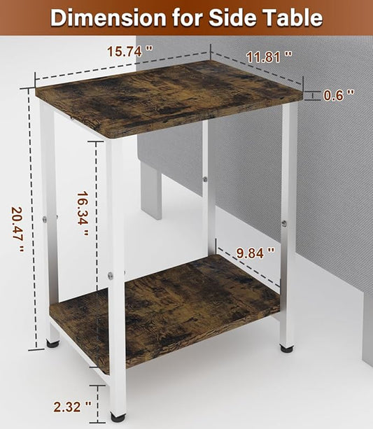 2 Tier Side Table, Heavy Duty End Table with Shelves, Narrow Nightstand Table for Small Spaces, Record Player Table for Bedroom, Living Room, Sofa Couch - Rustic Brown & White