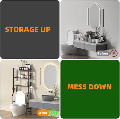 3 Tier Over The Toilet Storage Rack with 2 Basket, Metal Freestanding Bathroom Shelves Toilet with Paper Holder and 4 Hooks, Over Toilet Storage Shelf for Bathroom Storage, Black
