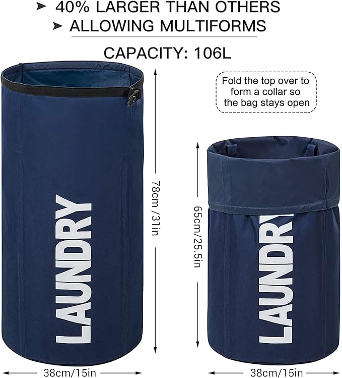 WOWLIVE Extra Large Foldable Laundry Bag Laundry Basket Collapsible Laundry Hamper Backpack Liner Dirty Clothes Hamper Standing Waterproof Hampers for Dorm Room(Dark blue)