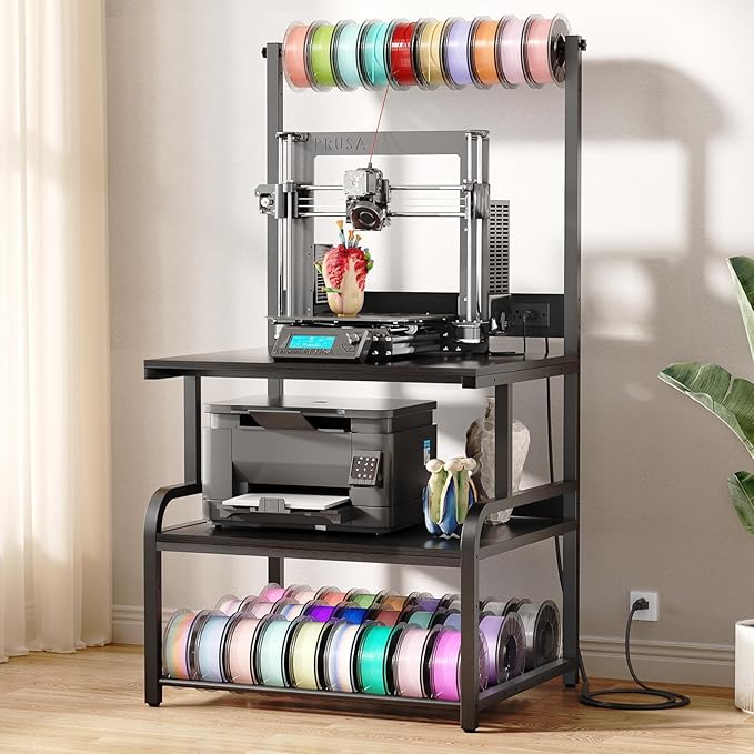 Homieasy Printer Stand with Charging Station, 29.1" x 22.8" Large 3D Printer Table with Filament Storage, Heavy Duty Rolling Printer Cart with 4-Tier Storage for Workshop/Office/Garage, Black