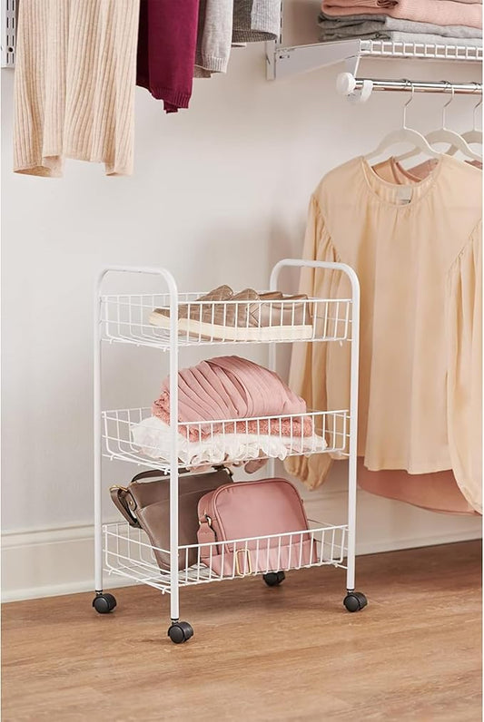 Rubbermaid 3-Tier Shelving Wheeled Organizer, Wire Adjustable Metal Storage Cart, for Office/Kitchen/Bedroom/Laundry Home Use, White