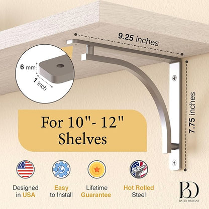 Classic Silver Heavy Duty Shelf Brackets 10 inch by Balin Designs – Chrome L Bracket, Wall Mounted Support, Shelving Metal Bracket, Decorative Shelf Brackets, with Hardware Included, Set of 4