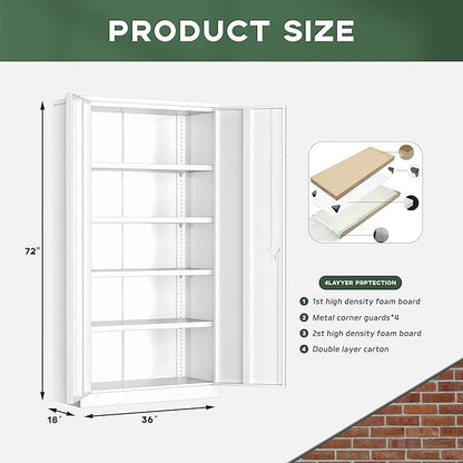 Greenvelly Metal Garage Storage Cabinet with Doors and Adjustable Shelves,72" Steel Lockable File Cabinet for Home Office,Garage,School(White,36" W x 18" D)