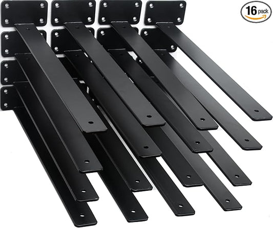 16 Pack - 16 inch Black Hidden L Shelf Bracket (1/5 Inch Thicked) Iron Floating Shelf Brackets Rustic Industrial Metal Brackets for Shelf Support