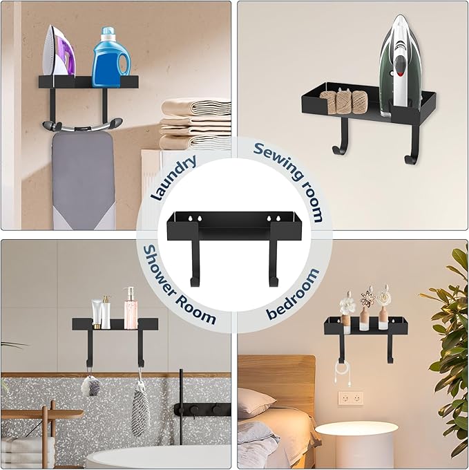 Ironing Board Holder, Wall Mount Ironing Board Hanger, Stainless Steel Iron Board Holder, Multipurpose Ironing Board Rack with Shelf and Removable Hooks, Storage Organization for Laundry Room Bathroom