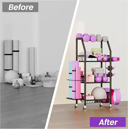Homeiju Dumbbell Rack, Weight Rack for Home Gym, Yoga Mat Storage Holder with Lockable Wheels, Dumbbell Stand with Hooks, All in One Work out Equipment Storage for Yoga Mat Dumbbell and Balls