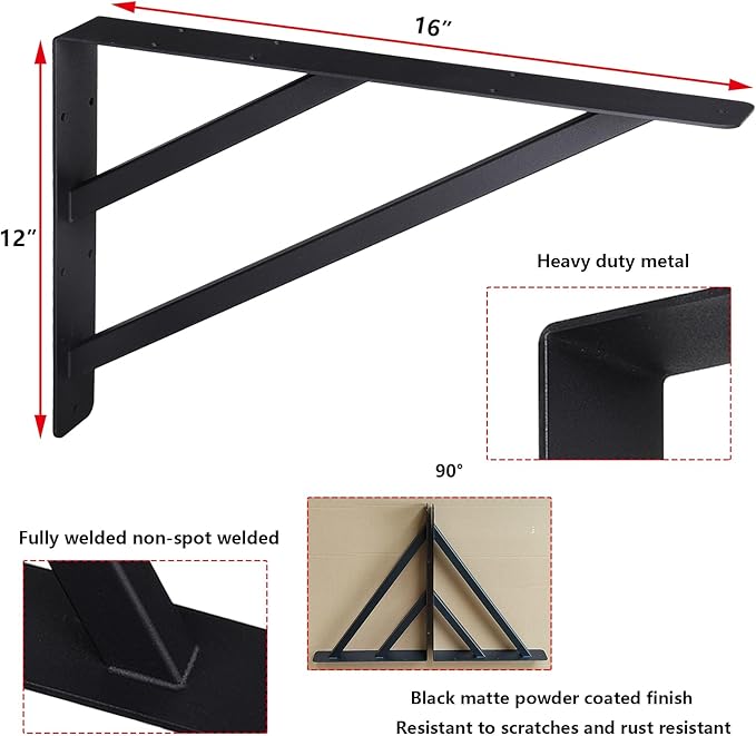 2Pcs Heavy Duty Shelf Bracket Countertop Support Brackets 16"x12" Wall Mounted Floating Shelf Bracket,Solid Fireplace Metal Brackets for Shelves for Tops Cabinetry Table Work Bench