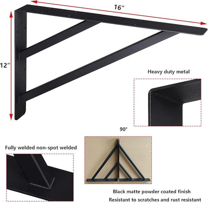 2Pcs Heavy Duty Shelf Bracket Countertop Support Brackets 16"x12" Wall Mounted Floating Shelf Bracket,Solid Fireplace Metal Brackets for Shelves for Tops Cabinetry Table Work Bench
