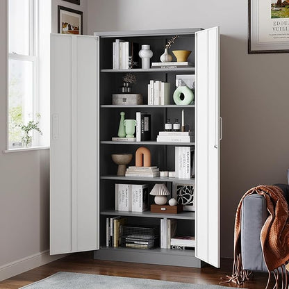 Metal Garage Storage Cabinet, 71" Locking Storage Cabinet with 2 Doors and 4 Adjustable Shelves, Lockable Metal Cabinet for Office,Home,Garage,Gym,School（Gray White）