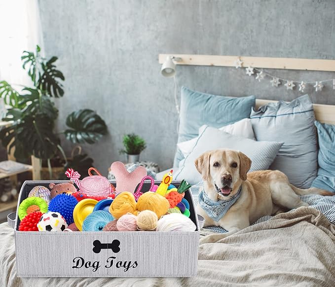 Linen-cotton blend Dog Toy Box - Organize Toys, Blankets, Leashes, Gray