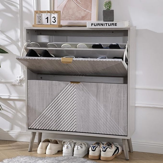 Shoe Cabinet with 2 Flip Drawers, Freestanding Shoe Organizer with 4 Wooden feet, Modern Shoes Storage Cabinet for Entryway, Hidden Narrow Shoe Rack Cabinet for Foyer, Hallway, Mudroom, Grey
