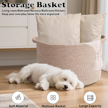 90L Large Blanket Basket,21.7"L x 21.7"W x 13.8"H Rope Woven Baskets with Handles, Toys Storage Bins,Laundry Basket Perfect for Living Room, Nursery,Bedroom,Home Organization,Brown