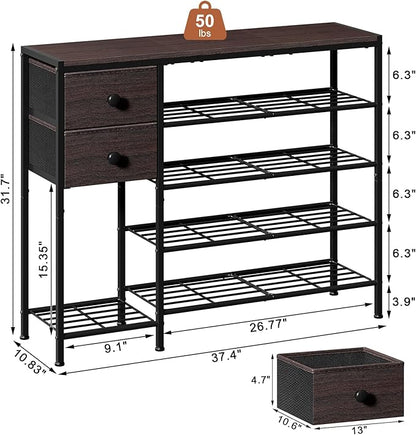 5-Tier Shoe Rack with 2 Fabric Drawers, Metal Frame and Wooden Board Shoe Organizer for 16-20 Pairs of Shoes, Shoe Shelf with Boots Storage for Entryway Closet Dark Brown