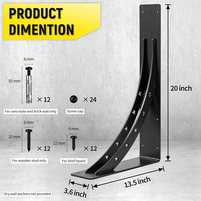 20 inch x 13.5 inch Heavy Duty Shelf Brackets，max Load 900 LBS,Premium Alloy Metal Mantel Brackets , (Set of 2) Fireplace Mantel Brackets - Countertop Support Brackets(Black-Metallic Silver)