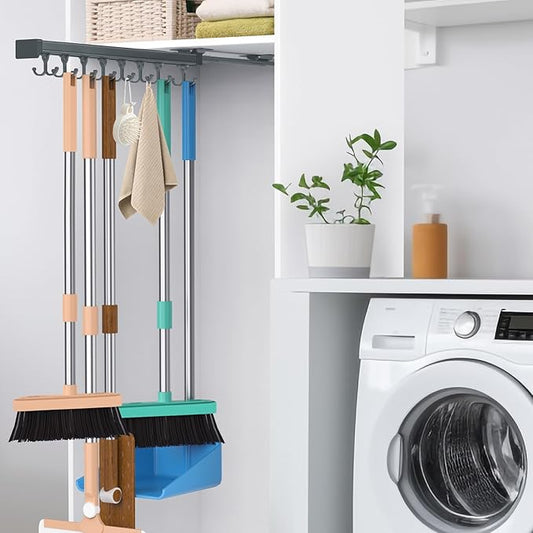 Pull Out Broom Holder, Multifunctional Slide Broom And Mop Storage/Organizer With Adjustable Double Row Sliding Hook, Garage Organization Hooks, for Closet Laundry Garage 46CM - grey - 46cm/18.11inch