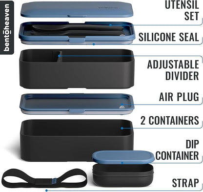 Bentoheaven Premium Bento Box Adult Lunch Box with Compartments for Women & Men, Set of Utensil & Chopsticks & Dip Container, Cute Japanese Kids Bento Lunch Box, Microwavable (Steel My Heart)