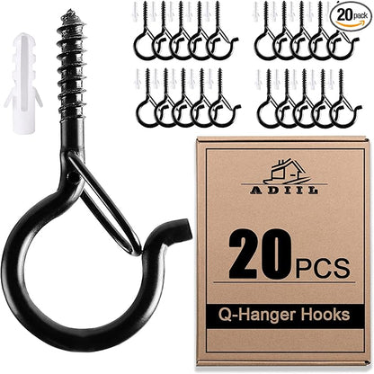 ADIIL 20 PCS Q Hanger Hooks with Safety Buckle, Windproof Screw Hooks for Hanging Outdoor String Lights, Plants, Christmas Patio Lights, 2.2 Inches, Black
