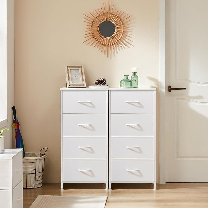 Sweetcrispy Dresser for Bedroom, Storage Drawers, Skinny Fabric Storage Tower with 4 Drawers, Tower Organizer Unit, Chest of Drawers with Wooden Top for Closet,Entryway,White