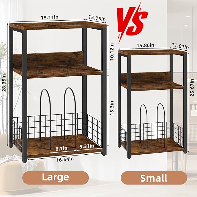 LELELINKY Large Brown Record Player Stand, 3 Tier 18" Wide Big End Table with Vinyl Storage Up to 130 Albums, Industrial Turntable Printer Tables, Modern Side Tables for Living Room, Bedroom, Office