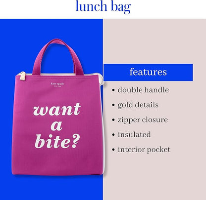 kate spade new york Cute Lunch Bag for Women, Large Capacity Lunch Tote, Adult Lunch Box with Silver Thermal Insulated Interior Lining and Storage Pocket, Colorblock, Want A Bite