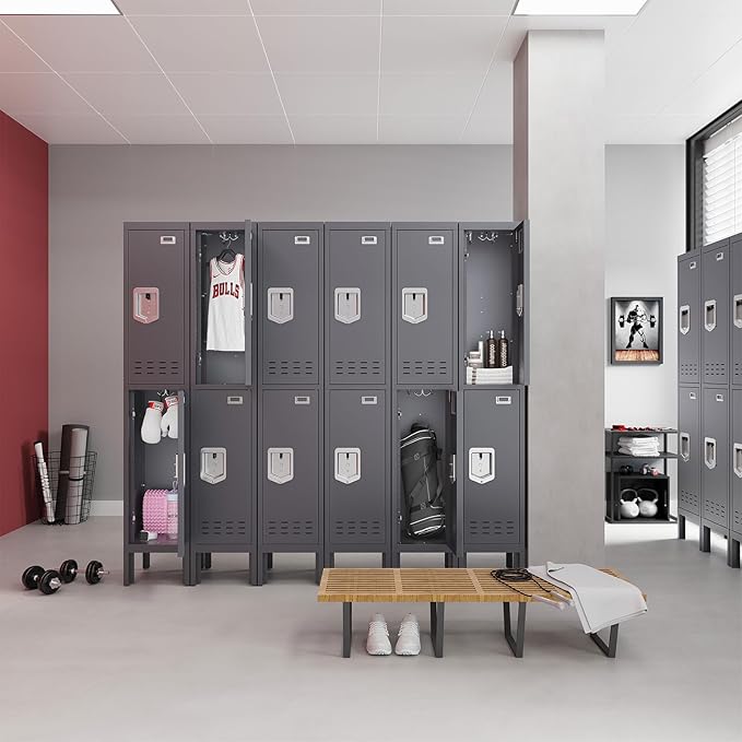 Metal Storage Locker with Lock & Card Slot Locker - Secure Lockable Door - Steel Locker for School, Office, Gym, Home - 66.15" H x 11.8" W x 11.8" D（2 Door, Grey）