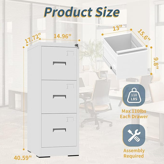 3 Drawer File Cabinet with Lock, Vertical Filing Cabinets for Home Office, Heavy Duty File Cabinet, Metal Storage Cabinets for Letter/Legal/A4/F4 Size Assembly Required, White