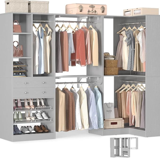 Closet System with 2 Drawers, 5 Hanging Robs, 4 Adjustable Shelves, 90.5"*31.5" Closet Organizer System with Corner Tower, L-shape Walk-in Closet System, Corner Closet System Set of 2, Morandi Grey