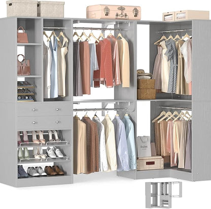 Closet System with 2 Drawers, 5 Hanging Robs, 4 Adjustable Shelves, 90.5"*31.5" Closet Organizer System with Corner Tower, L-shape Walk-in Closet System, Corner Closet System Set of 2, Morandi Grey
