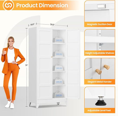 71" Tall Kitchen Cabinet Storage Unit With 2 Doors and 4 Adjustable Shelves, Metal White Freestanding Cupboard, 5 Tier Kitchen Pantry Storage Cabinet for Kitchen Dining/Living Room/Garage/Home/Office
