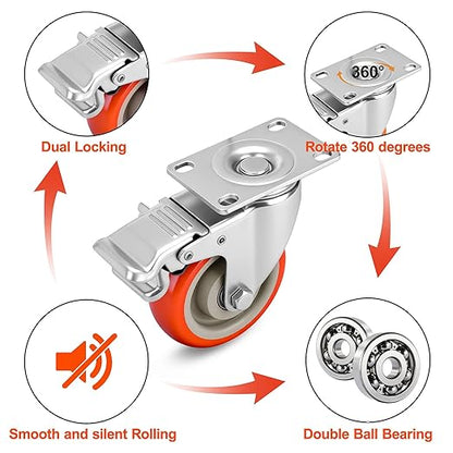 4 Inch Industrial Heavy Duty Swivel Caster Wheels with Brake,Set of 4 Safety Locking Casters,Load 2000lbs,Premium Polyurethane Wheels for Table,Trailer,Saw Table,Stage Toolbox,Bed,Corn Board