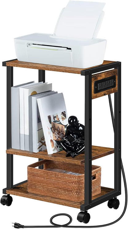 HOOBRO Industrial Printer Stand with Charging Station, 3-Tier Printer Table, Rolling Printer Cart with Adjustable Shelf and Hook, Rustic Brown and Black BF28UPS01