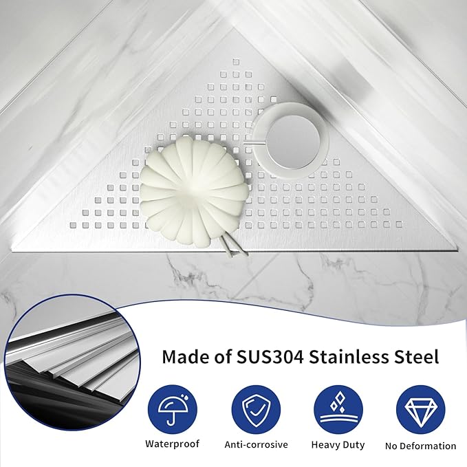Corner Shower Shelf, 304 Stainless Steel 12" Brushed Recessed Bathroom Shelf, Grout in Shelf for Tiled Wall, Large Size