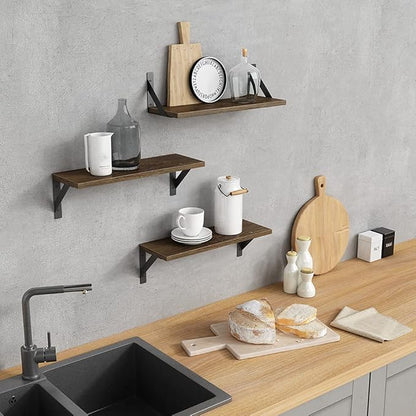 Rustic Floating Shelves Wall Mounted Set of 3, 17 Inch Natural Wood Wall Shelves, Decor Storage Shelf for Bedroom Bathroom Living Room Office Pictures Plants Books Cats TV (Rustic Brown)