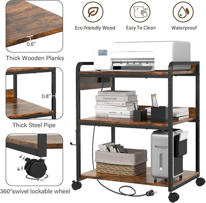 Livofloral 3 Tier Large Printer Stand with Wheels, 25.2 x 18.9 Inch Printer Stand with Power Outlet USB Port, Printer Table with Adjustable Storage Shelf for Home Office, Rustic Brown