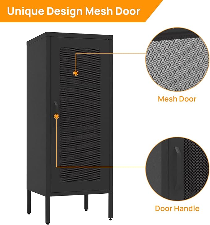 Slim Metal Storage Cabinet with Mesh Doors - 42'' Tall Narrow Organizer Tower, Compact Freestanding Cabinet, Versatile Utility Storage for Home, Office, Bedroom, or Kitchen, Durable and Modern Design