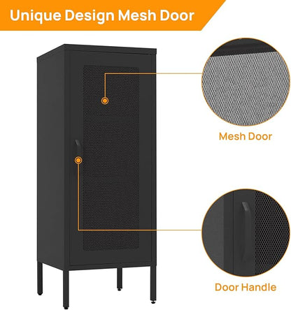 Slim Metal Storage Cabinet with Mesh Doors - 42'' Tall Narrow Organizer Tower, Compact Freestanding Cabinet, Versatile Utility Storage for Home, Office, Bedroom, or Kitchen, Durable and Modern Design