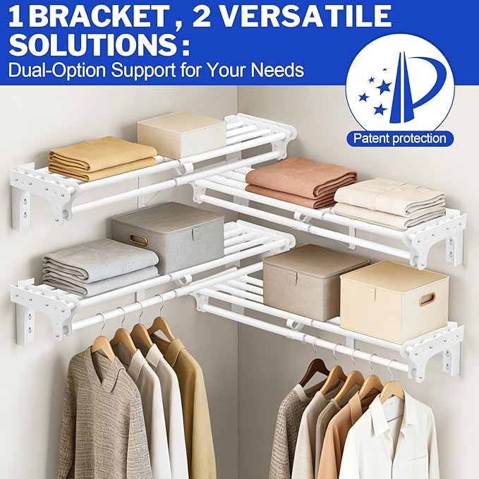 Closet Shelf with Hanging Rod, 52-95'' Expandable Wall Mounted & Side Wall Mounted Steel Clothes Rack with Top Shelf, Holds 220 lb Heavy Duty Closet Rod DIY Divider Separtor for Cabinet Wardrobe