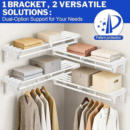 Closet Shelf with Hanging Rod, 28-48'' Expandable Wall Mounted & Side Wall Mounted Steel Clothes Rack with Top Shelf, Holds 220 lb Heavy Duty Closet Rod DIY Divider Separtor for Cabinet Wardrobe