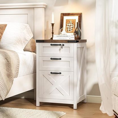 3 Drawer Small File Cabinet with Lock, Farmhouse Vertical Filing Cabinet Fits Letter and A4 Size, Under Desk Wooden File Cabinets for Home Office, Printer Stand, Rustic White